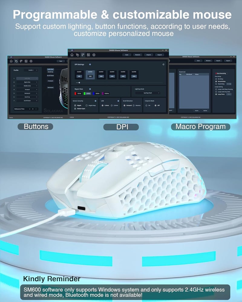 SOLAKAKA SM600 White Wireless Gaming Mouse,Tri-Modes BT5.1/Type-C Wired/2.4G Wireless Mouse with 2 Side Buttons, Programmable Macro Gamer Mouse with RGB Light for Laptop/PC/Mac - Image 4